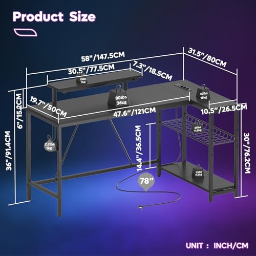 Pelipöytä L-Shape LED 2xUSB 3xAC 147cm