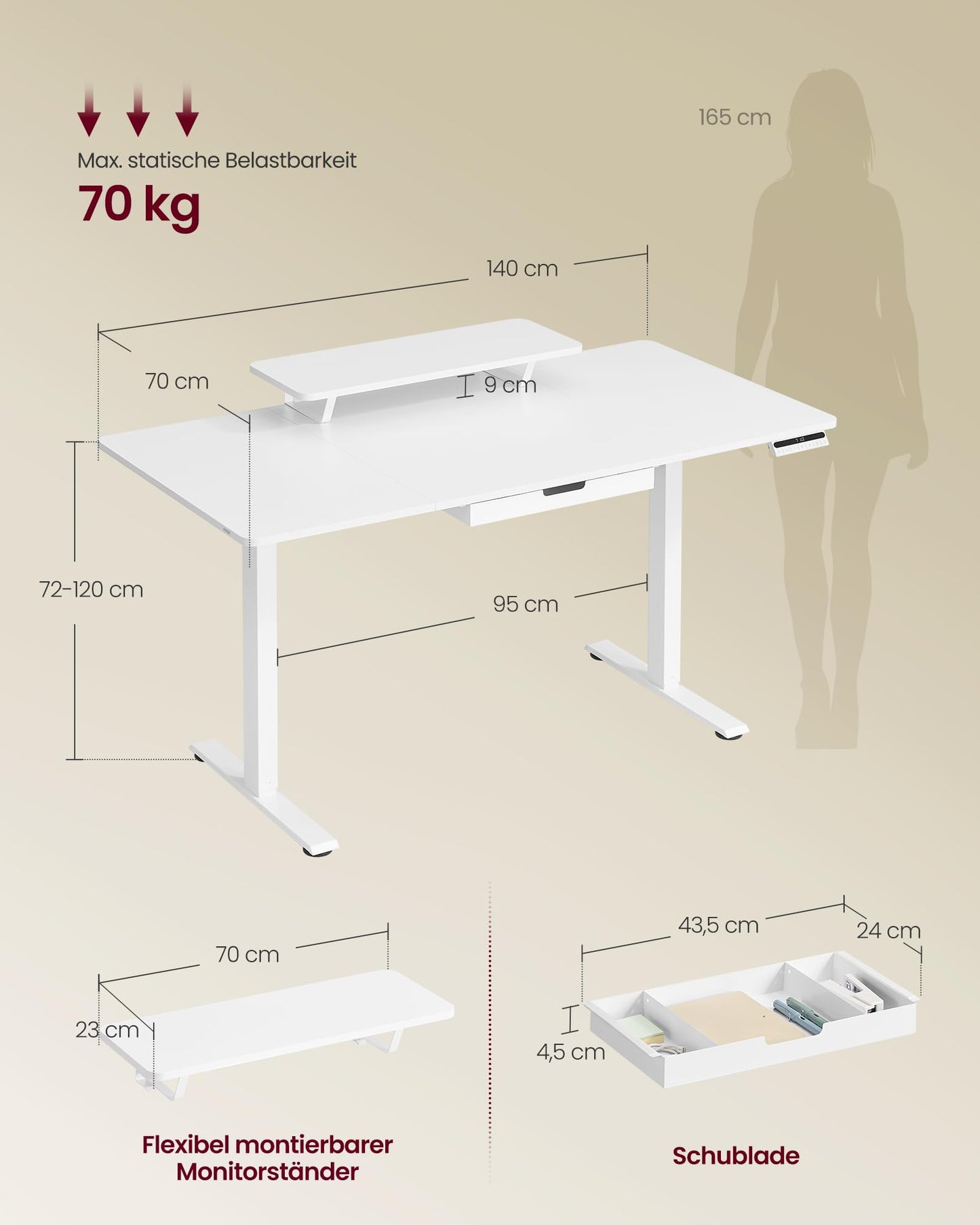 Sähköpöytä Valkoinen Näyttötasolla 140 x 70 cm