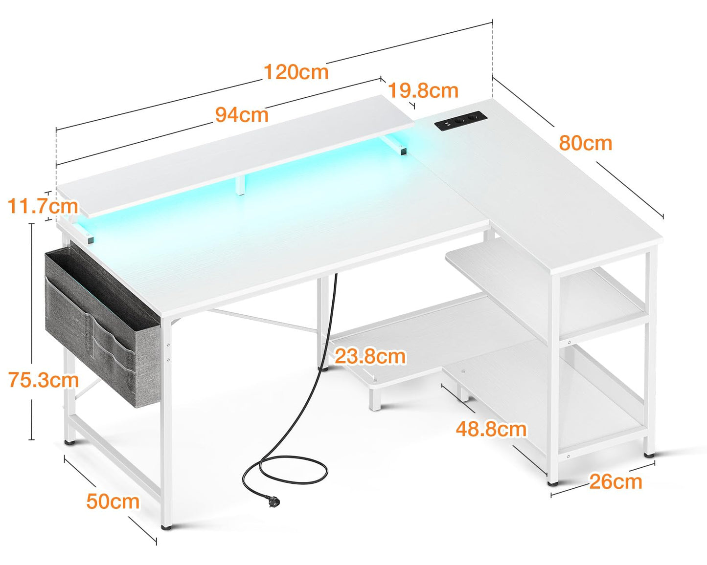 Pelipöytä Led L -Shape 120x80cm