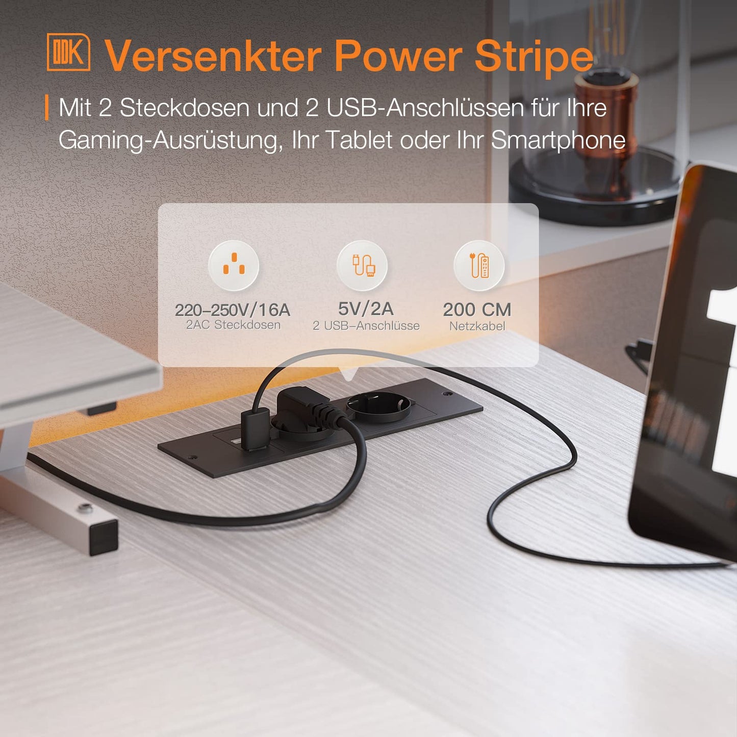Pelipöytä USB+AC Valkoinen 120 cm