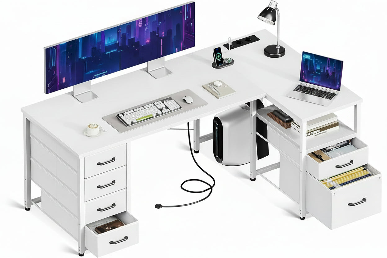 Kirjoituspöytä L-Shape AC USB LED 140 cm