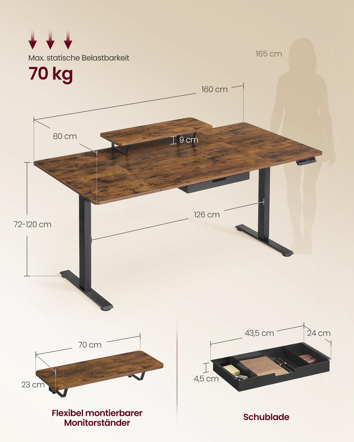 Sähköpöytä Vintage Näyttötasolla 160 x 80 cm