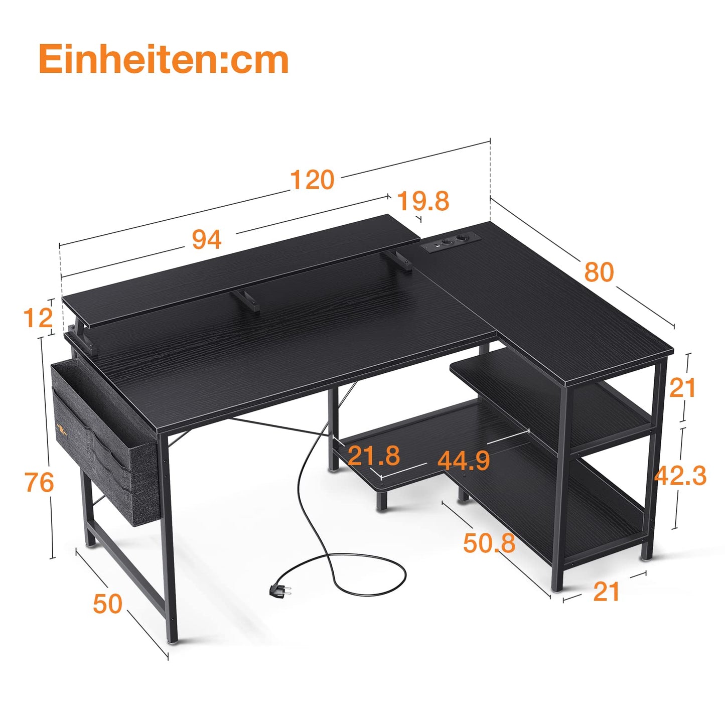 Pelipöytä USB+AC Musta 120 cm