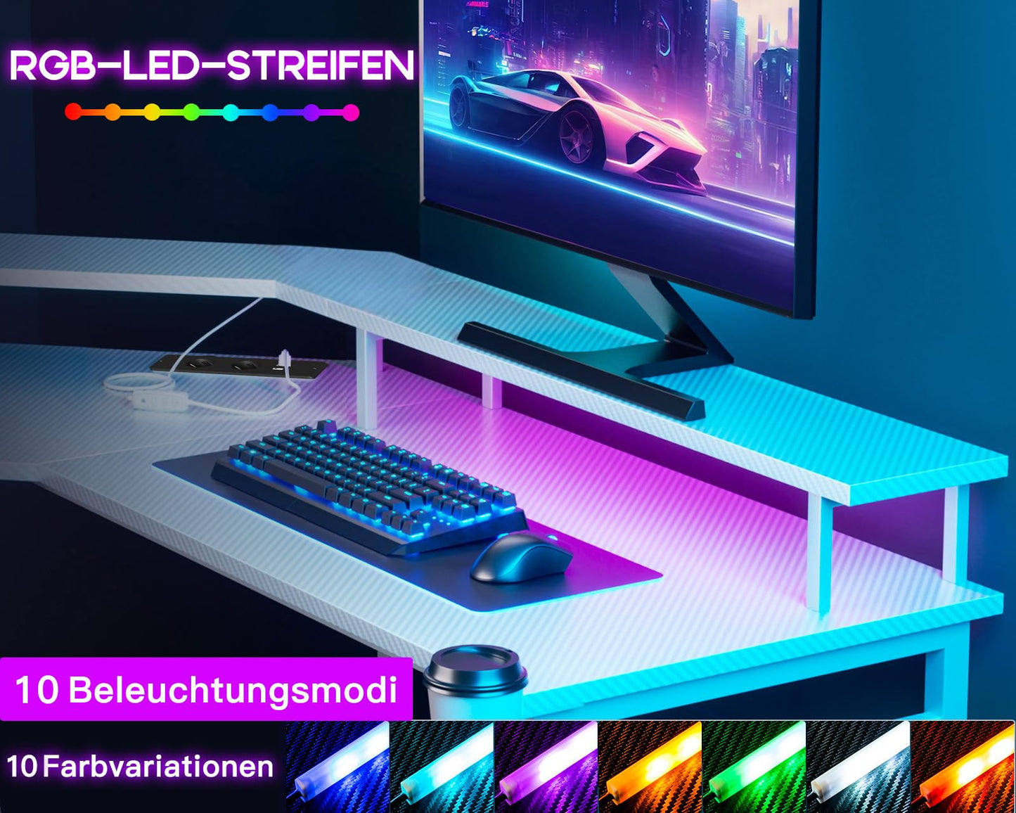Pelipöytä L-Shape USB 129x129 cm