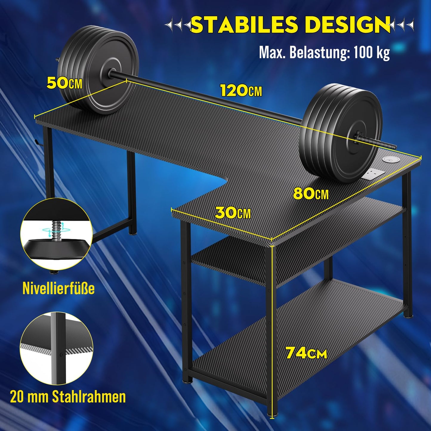 Pelipöytä L-Shape 120 cm USB/AC Musta