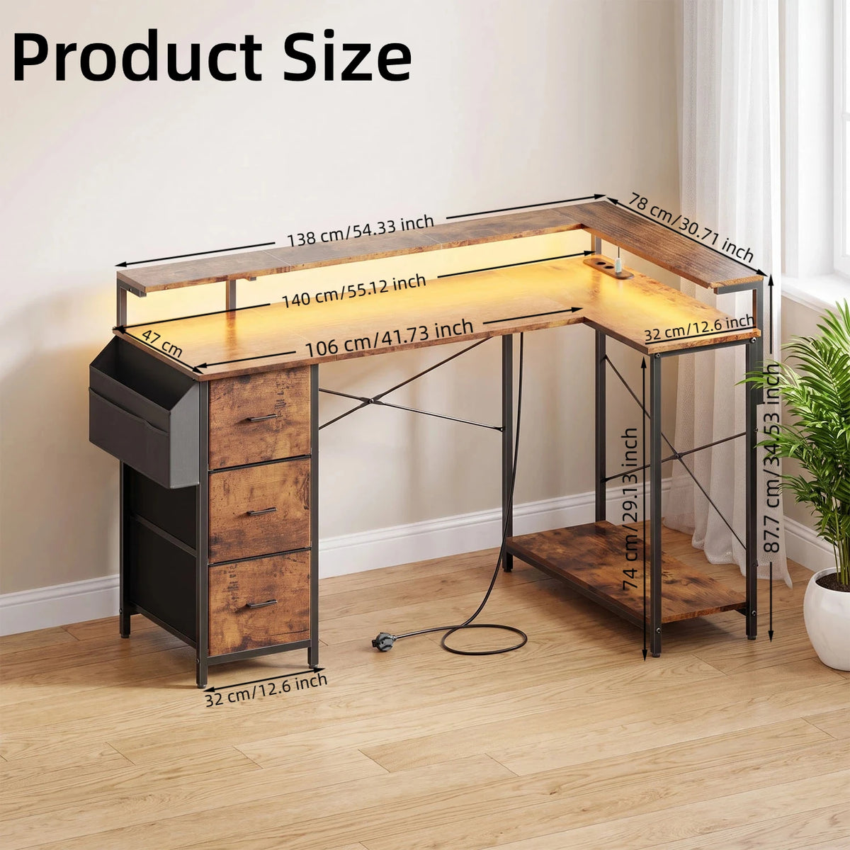 Toimistopöytä L-Shape AC/USB Led Laatikoilla 120/140cm