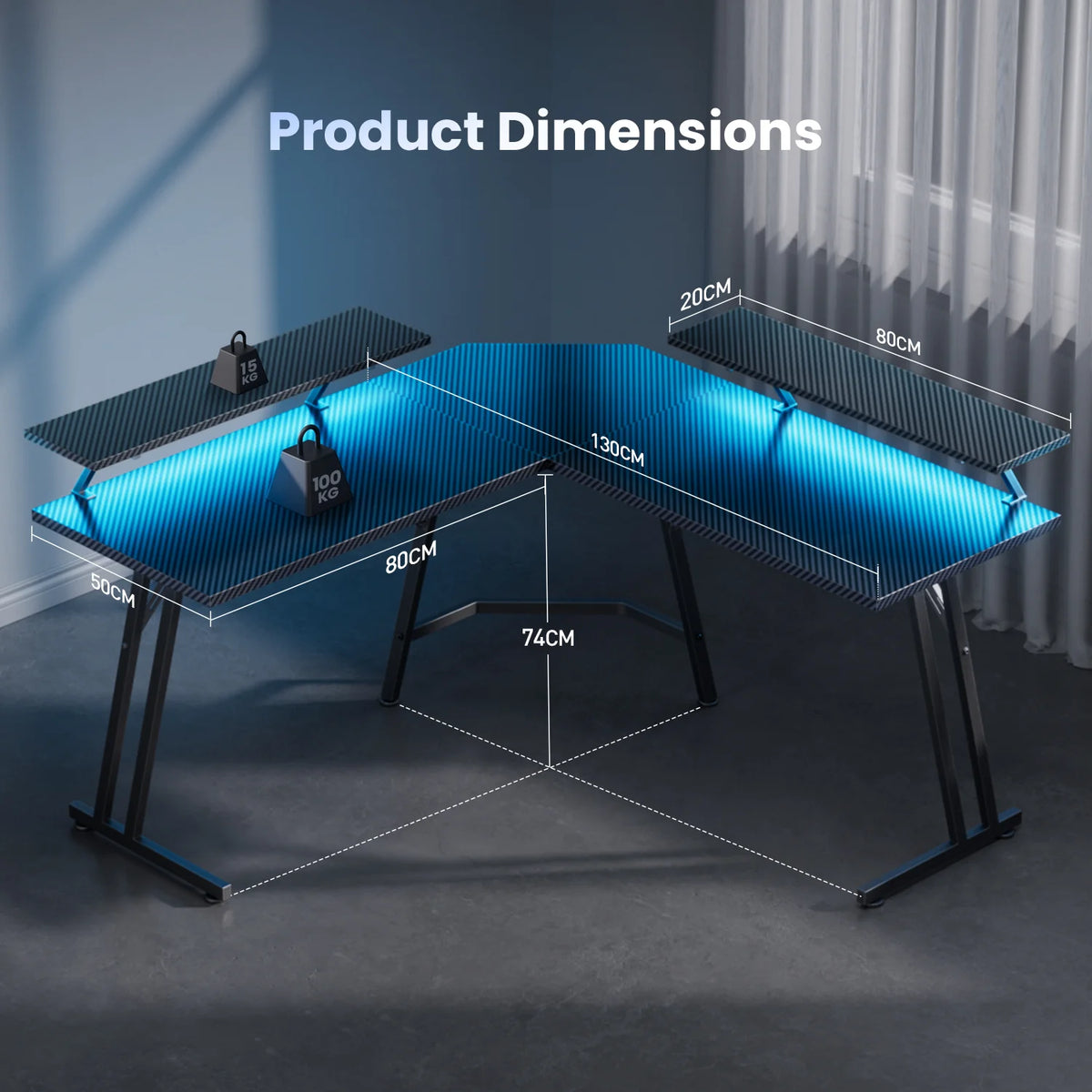 Pelipöytä L-Shape Led Carbon 130 cm
