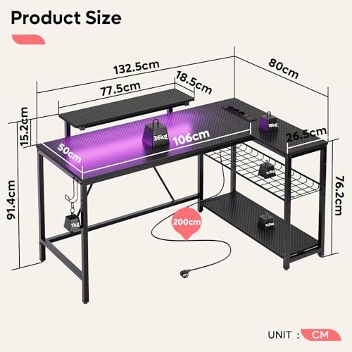 Pelipöytä L-Shape AC USB LED 132 cm