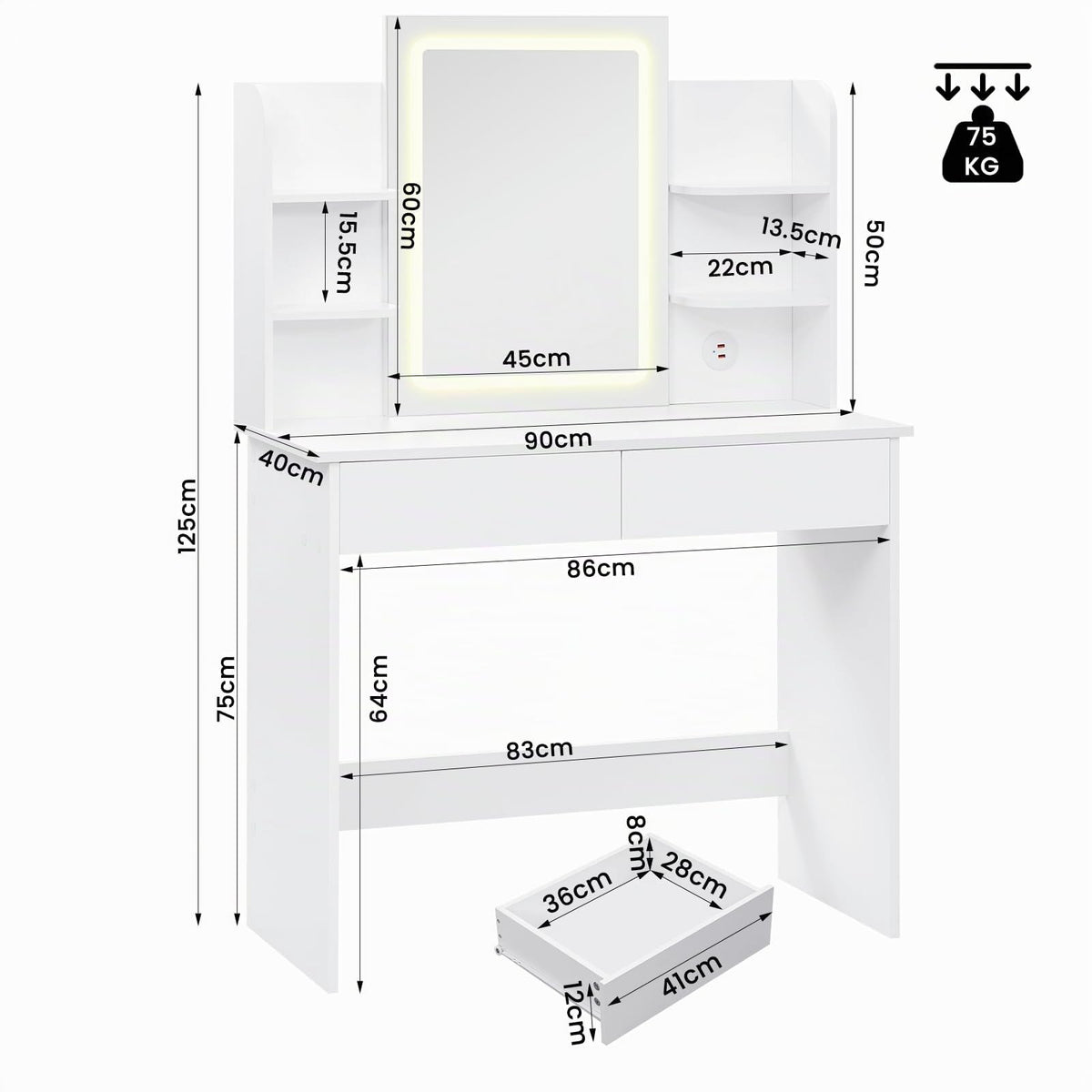 Peilipöytä LED USB 90 cm