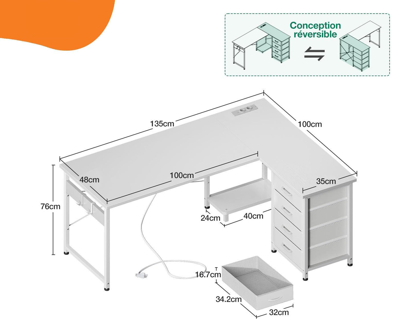 Työpöytä USB+AC Valkoinen 135×100 cm