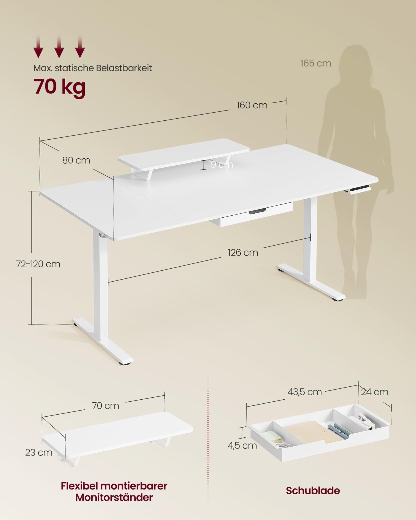 Sähköpöytä Valkoinen Näyttötasolla 160 x 80 cm