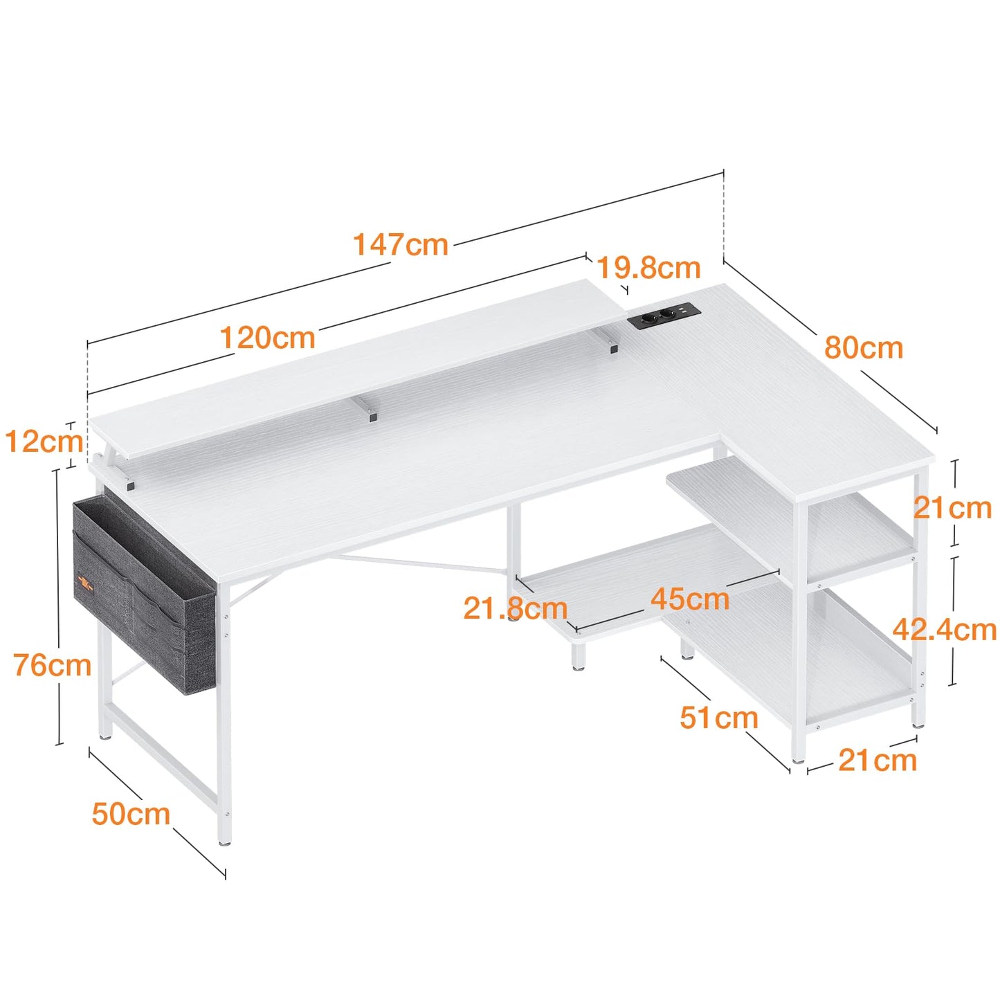 Pelipöytä USB+AC Valkoinen 147 cm