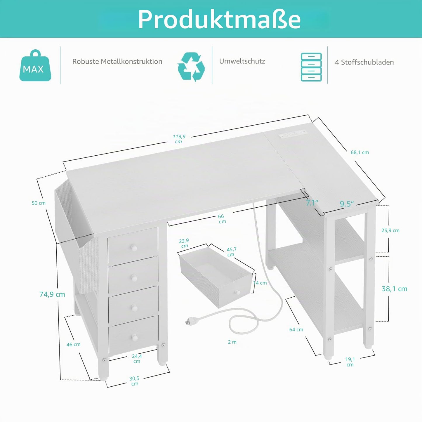Kirjoituspöytä AC/USB L-Shape 120X50 cm
