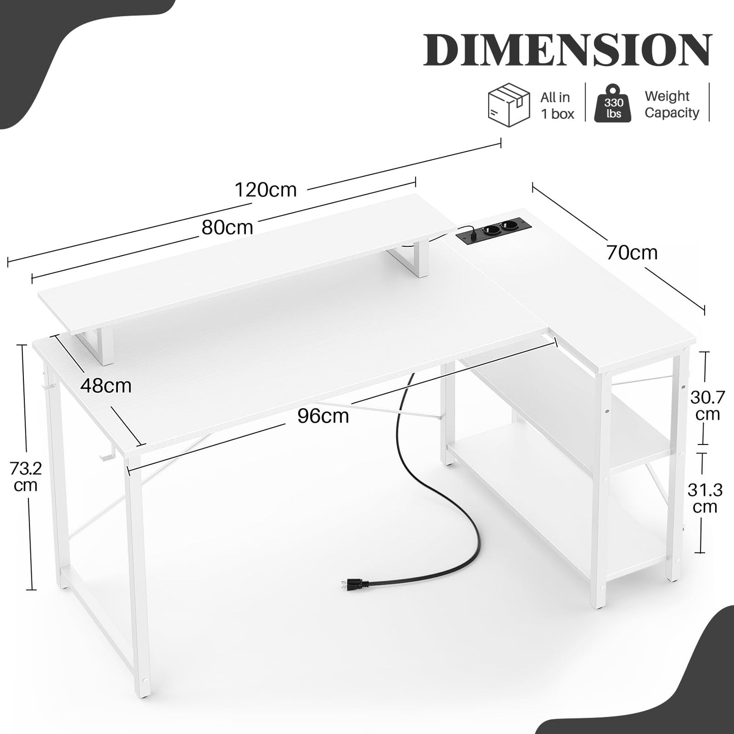 Kirjoituspöytä LED AC/USB 120 x 70 cm