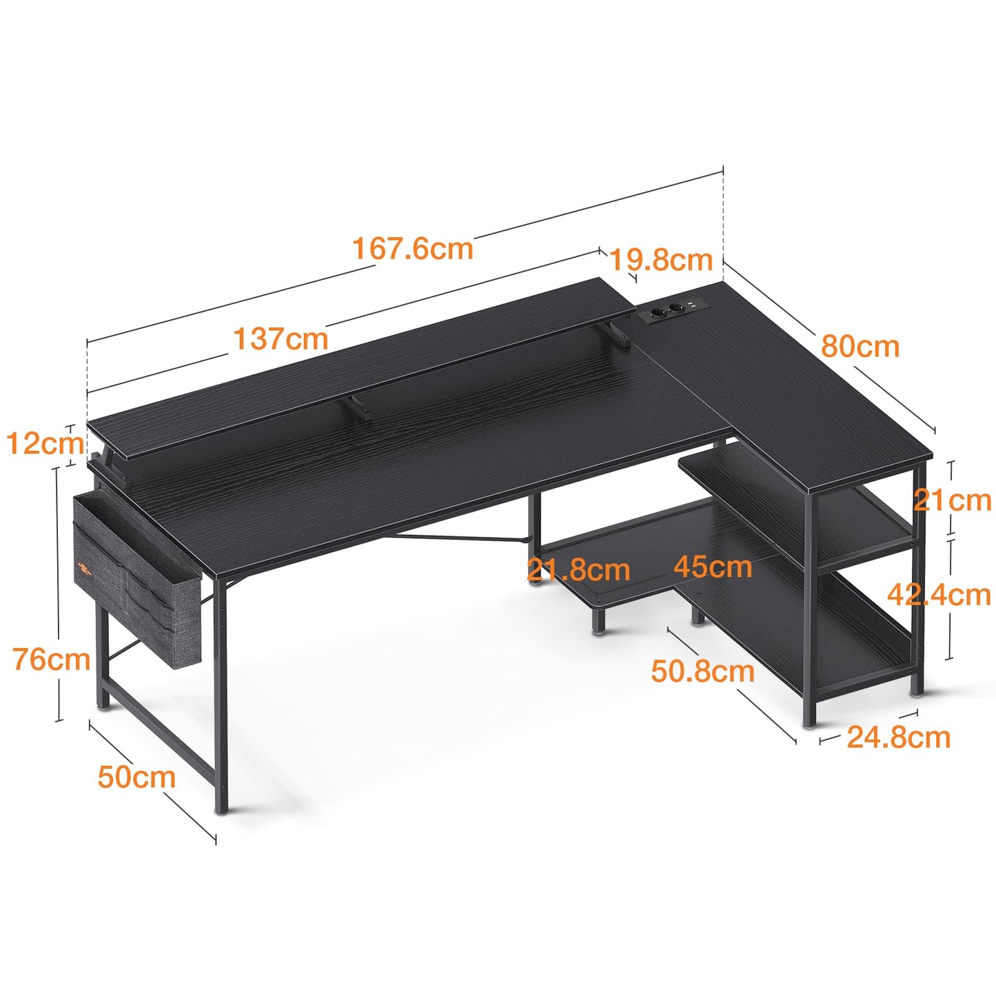 Pelipöytä USB+AC Musta 168 cm