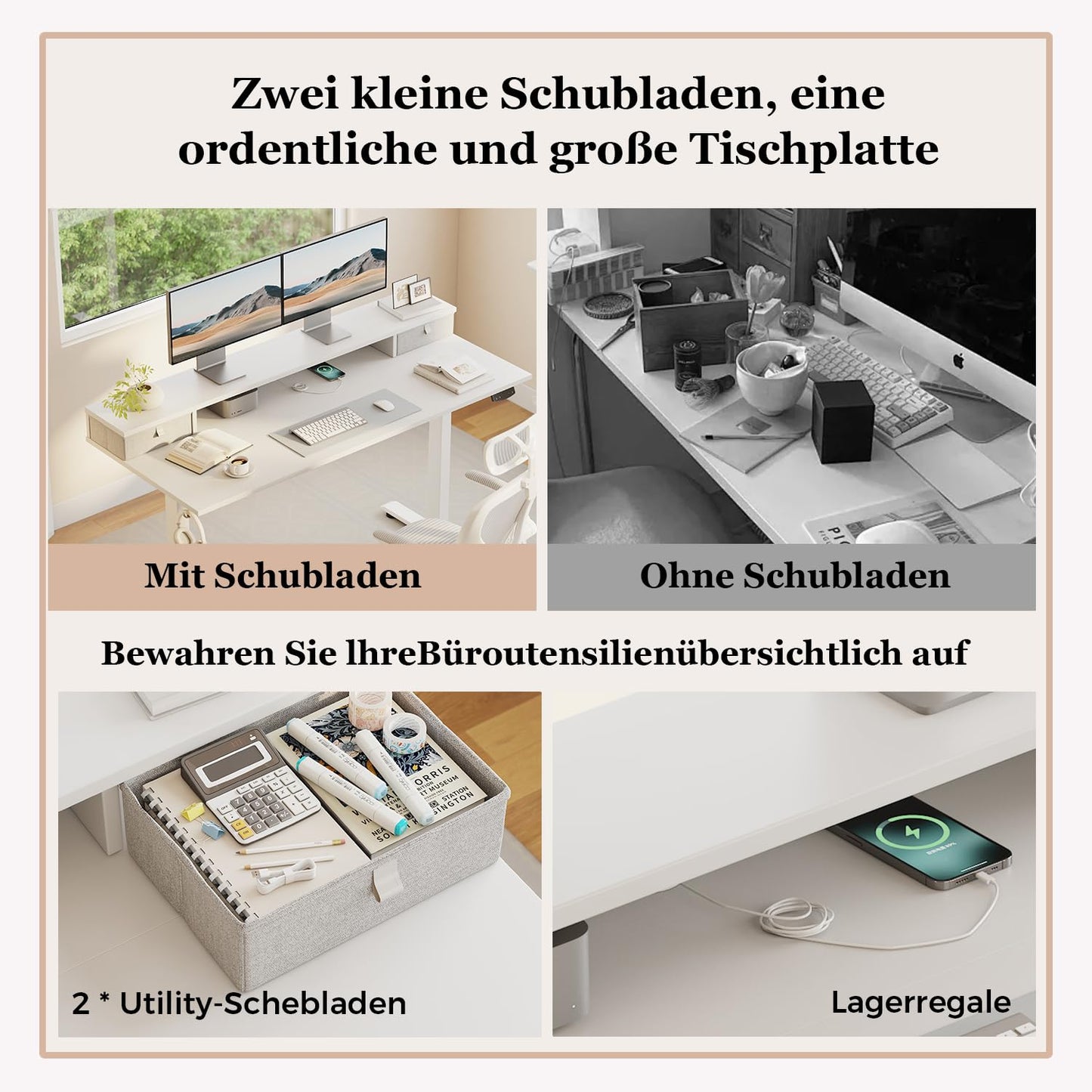 Sähköpöytä Laatikoilla Valkoinen 100 x 60 cm