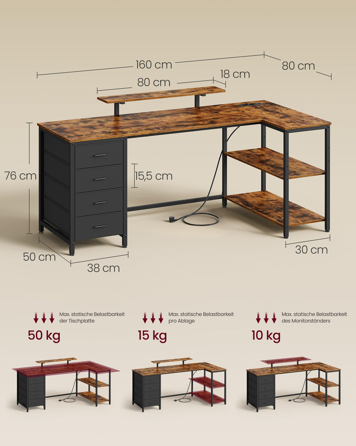 Kirjoituspöytä USB/AC L-Shape 4 Laatikolla