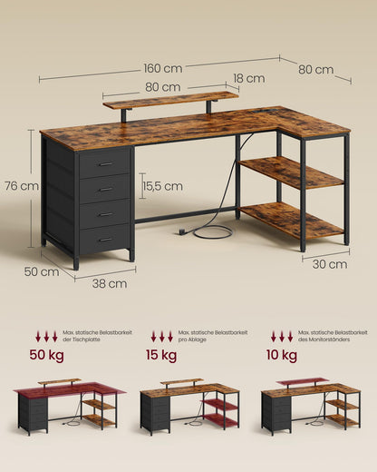 Kirjoituspöytä USB/AC L-Shape 4 Laatikolla