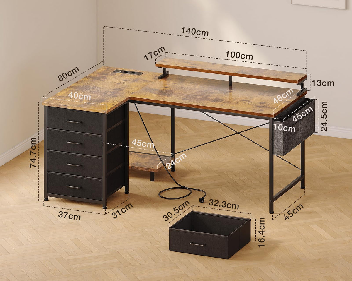 Toimistopöytä L-Shape AC/Usb Led Taso 140×80 cm
