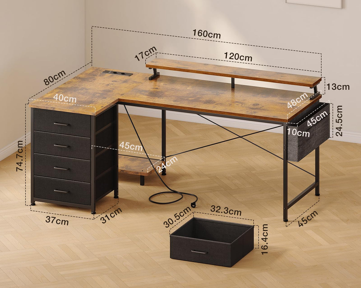 Toimistopöytä L-Shape AC/Usb Led Taso 140×80 cm