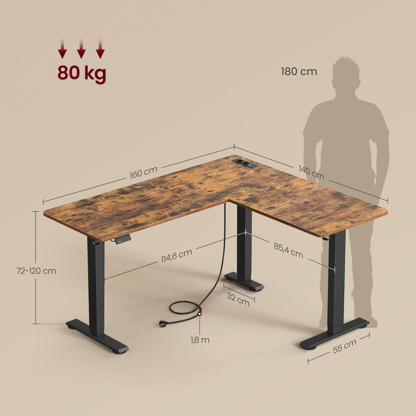 Sähköpöytä L-Shape Vintage 140 x 160 cm