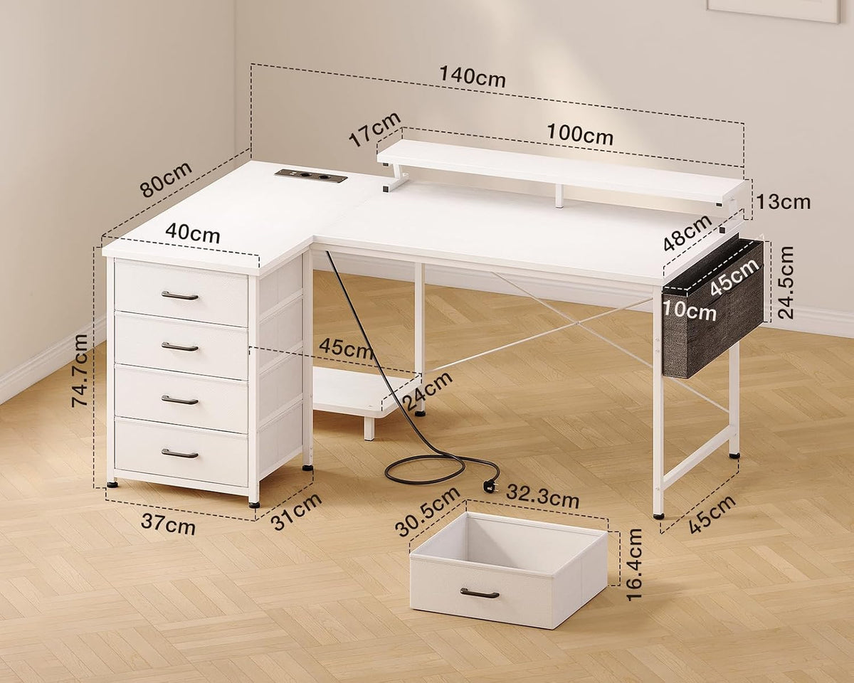 Toimistopöytä L-Shape AC/Usb Led Taso 140×80 cm