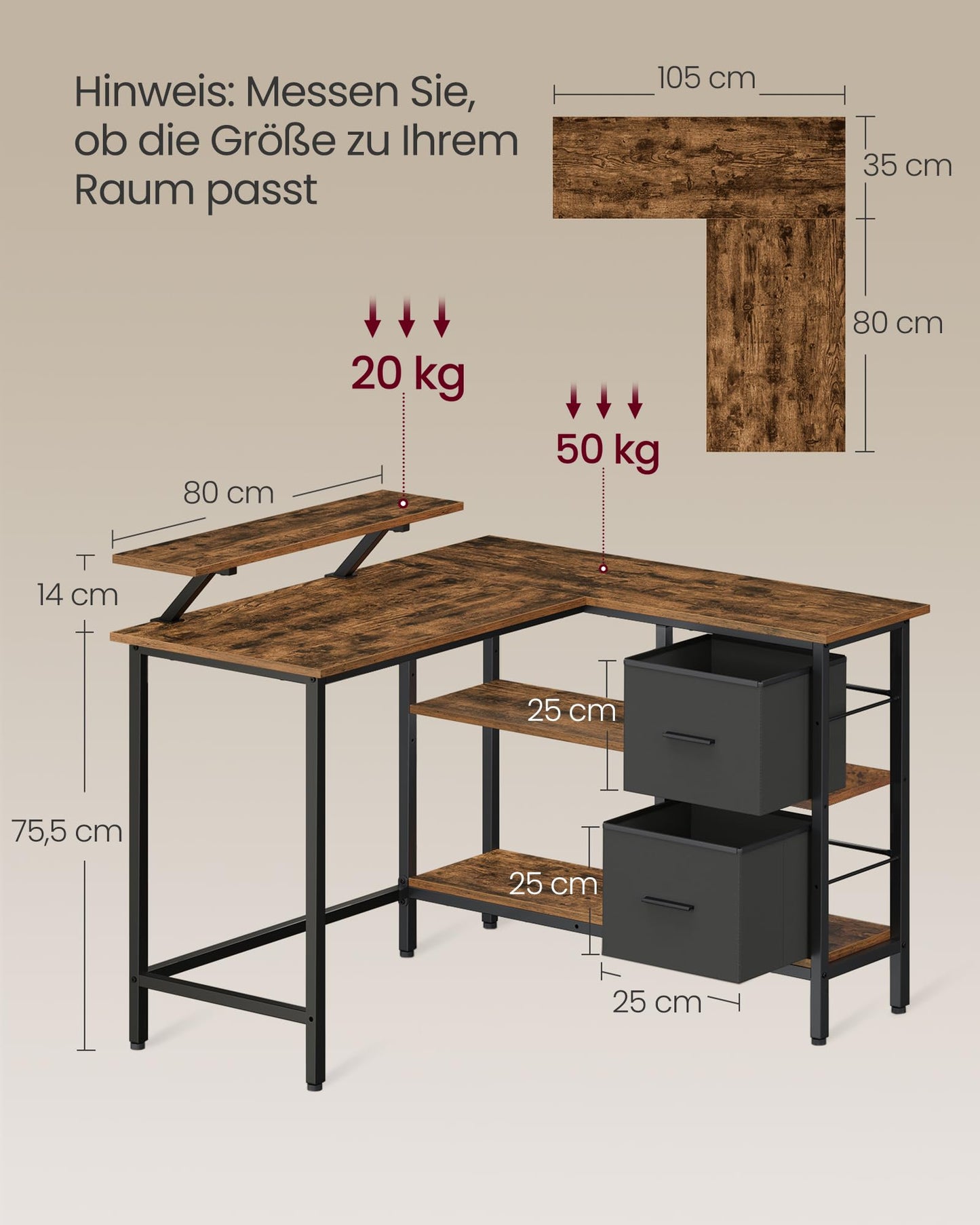 Työpöytä L-Shape Vintage Ruskea 115 cm