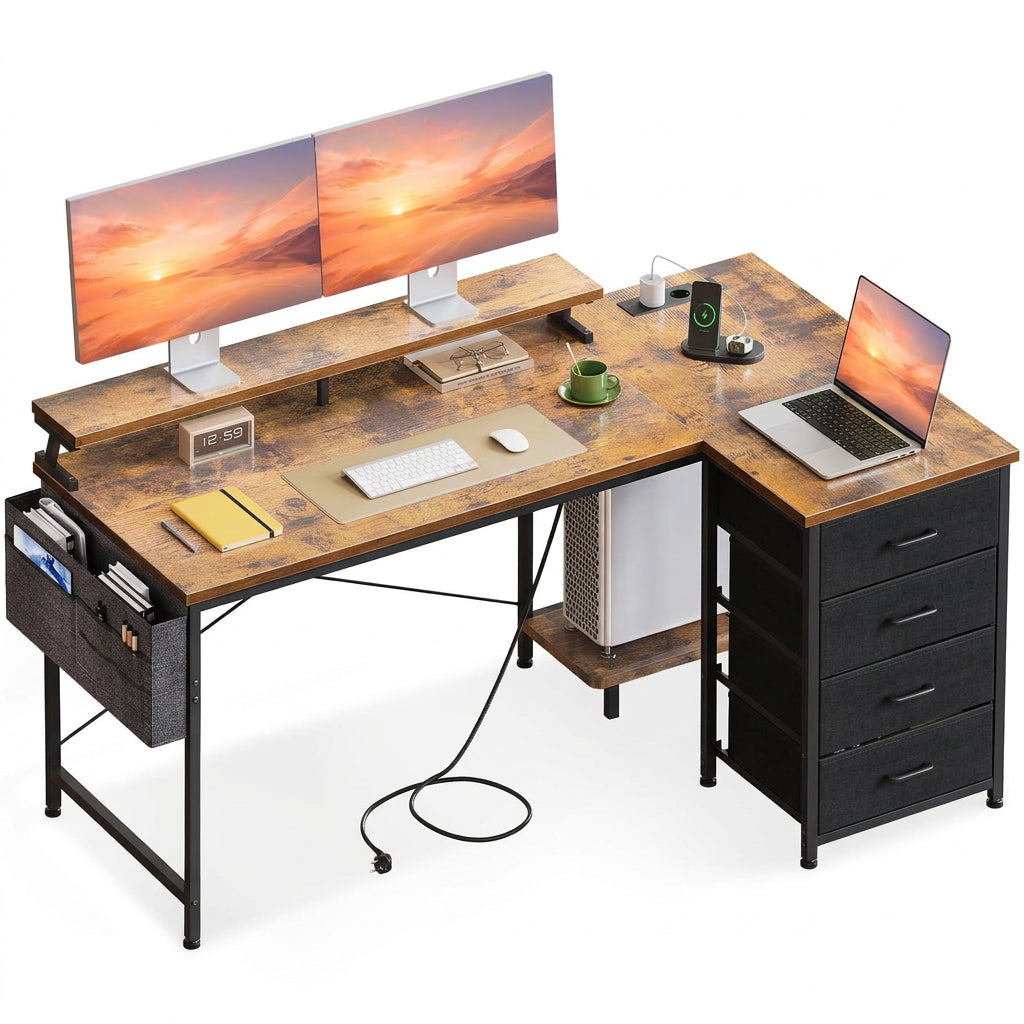 Toimistopöytä L-Shape AC/Usb Led Taso 140×80 cm