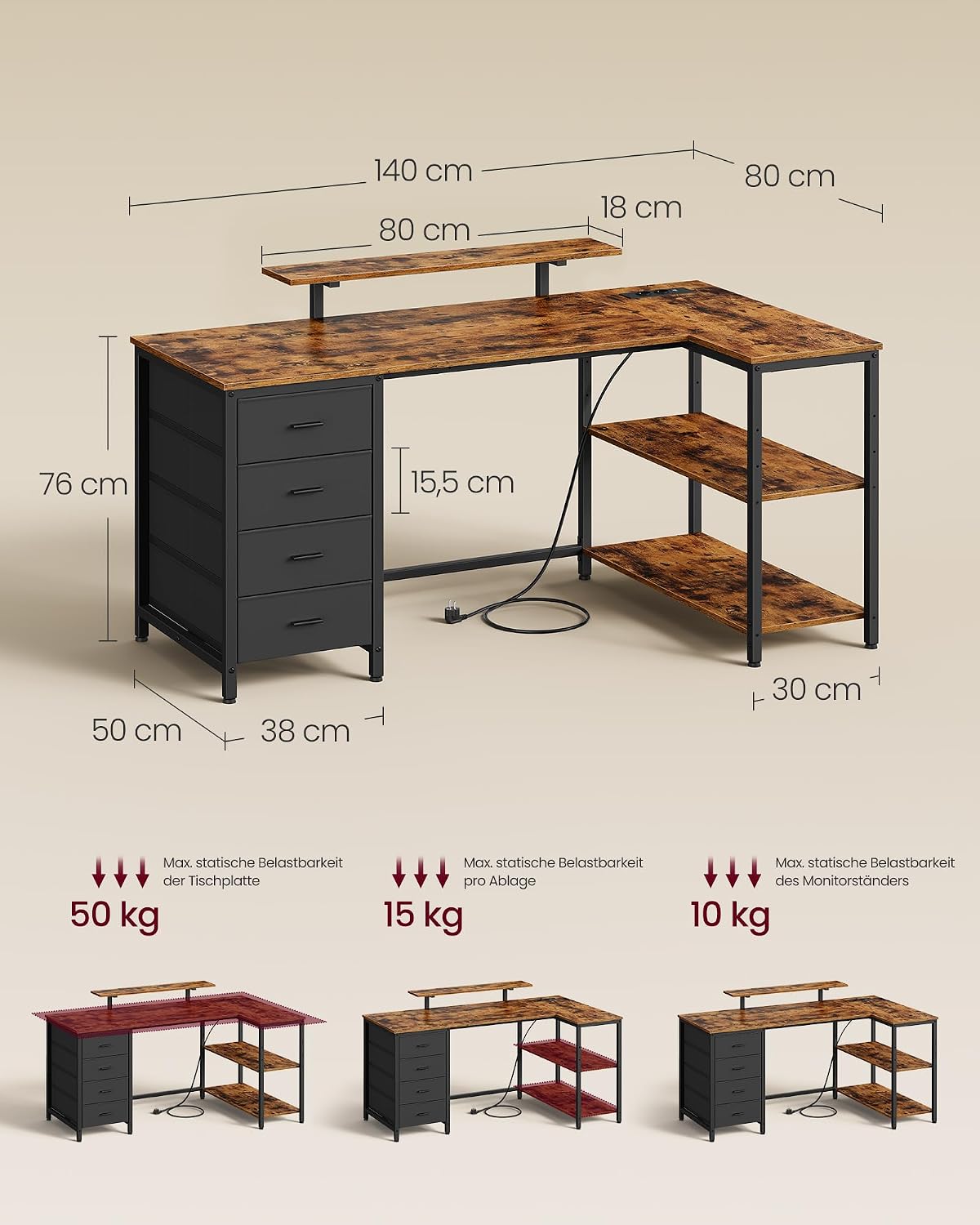 Kirjoituspöytä USB/AC L-Shape 4 Laatikolla