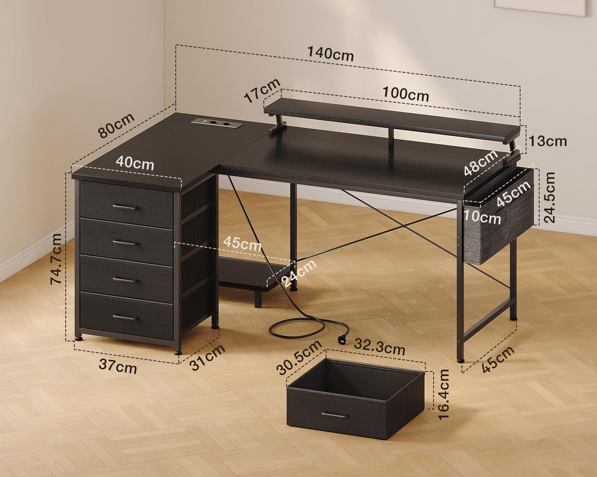 Toimistopöytä L-Shape AC/Usb Led Taso 140×80 cm