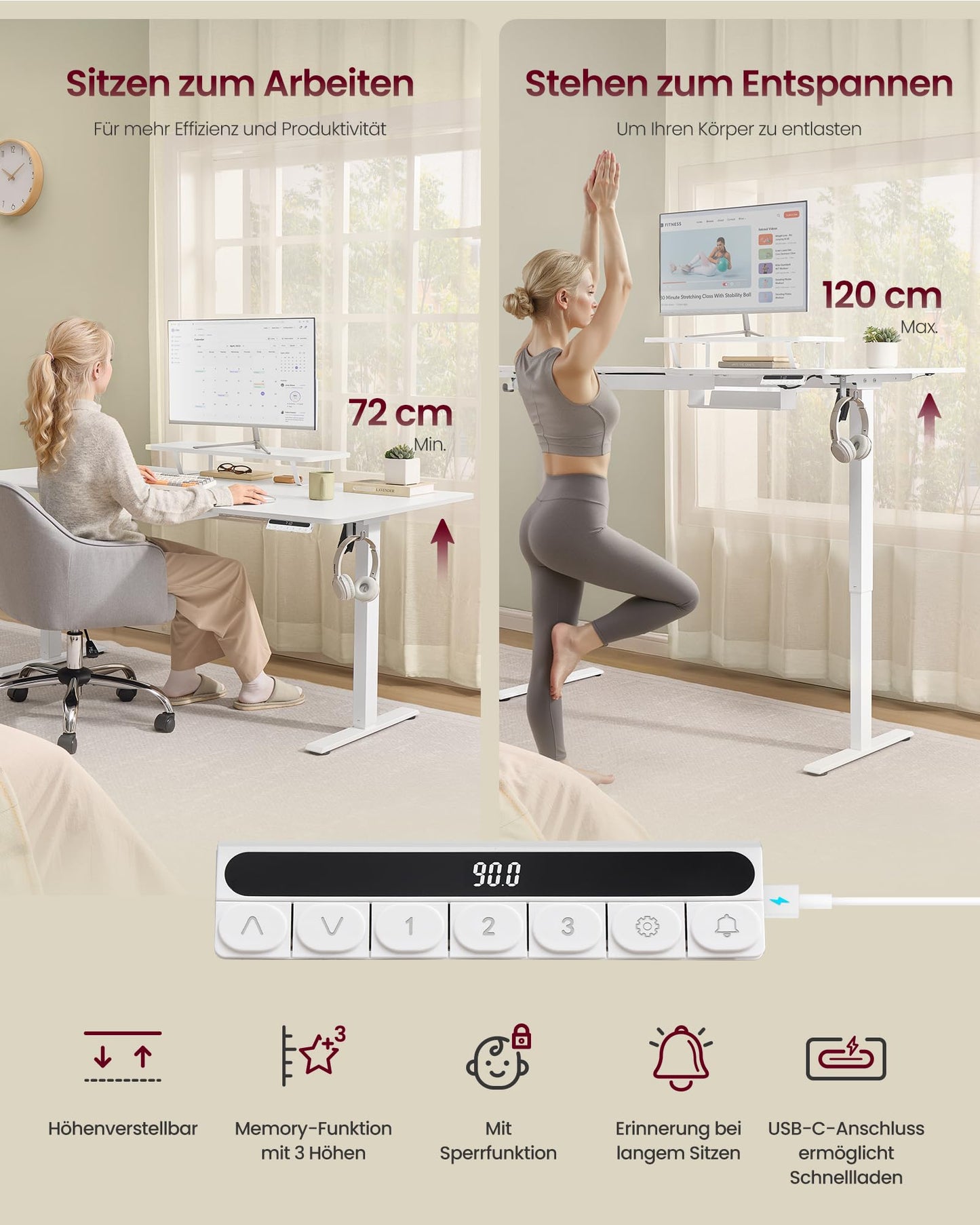 Sähköpöytä Valkoinen Näyttötasolla 140 x 70 cm