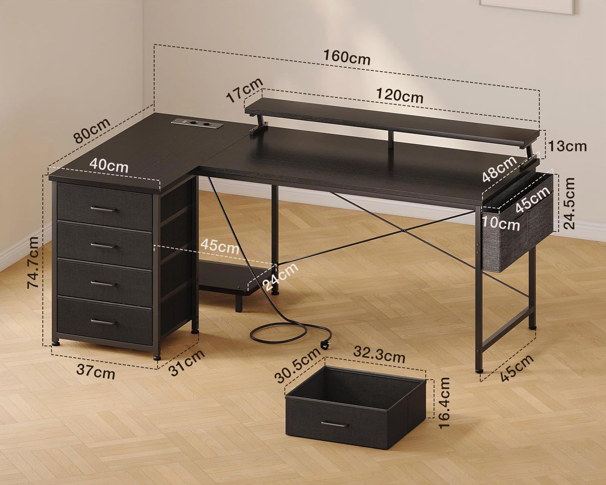 Toimistopöytä L-Shape AC/Usb Led Taso 140×80 cm