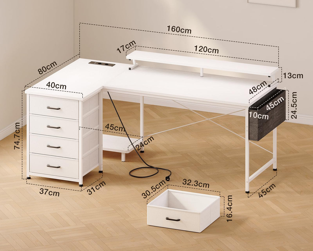 Toimistopöytä L-Shape AC/Usb Led Taso 140×80 cm