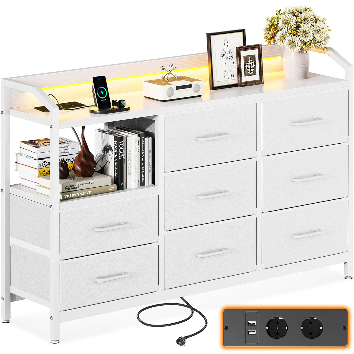 Lipasto LED 2 AC/USB 8 Laatikkoa 110 cm