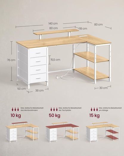 Kirjoituspöytä USB/AC L-Shape 4 Laatikolla