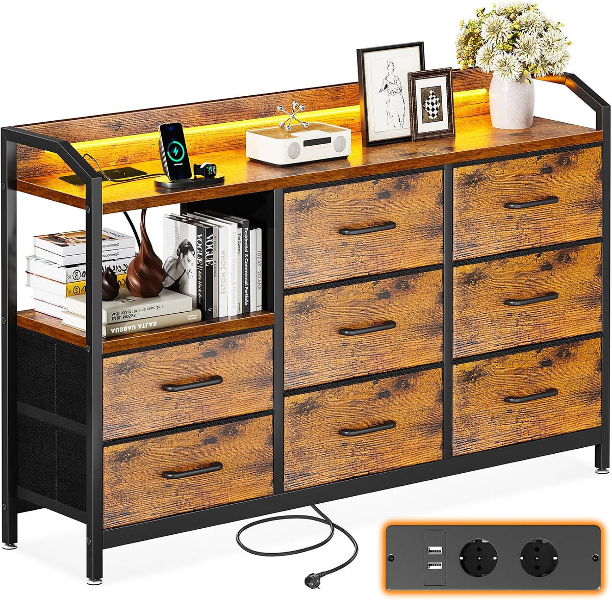 Lipasto LED 2 AC/USB 8 Laatikkoa 110 cm