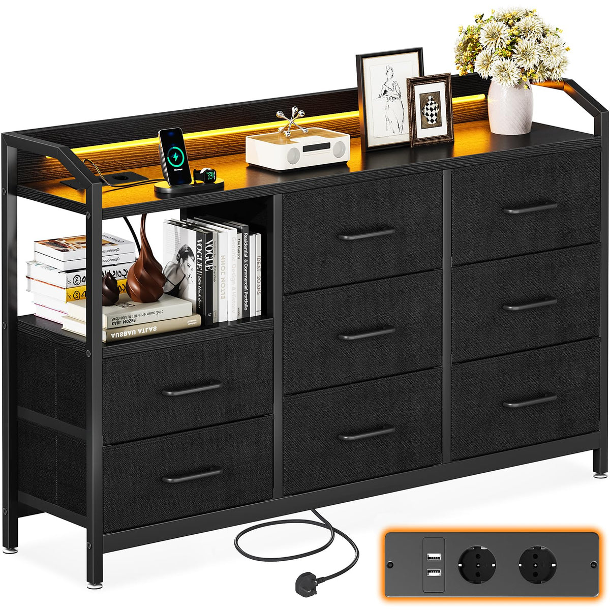 Lipasto LED 2 AC/USB 8 Laatikkoa 110 cm
