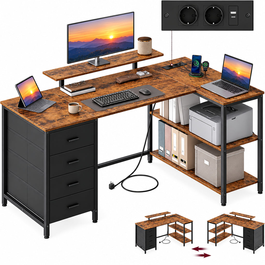 Kirjoituspöytä USB/AC L-Shape 4 Laatikolla