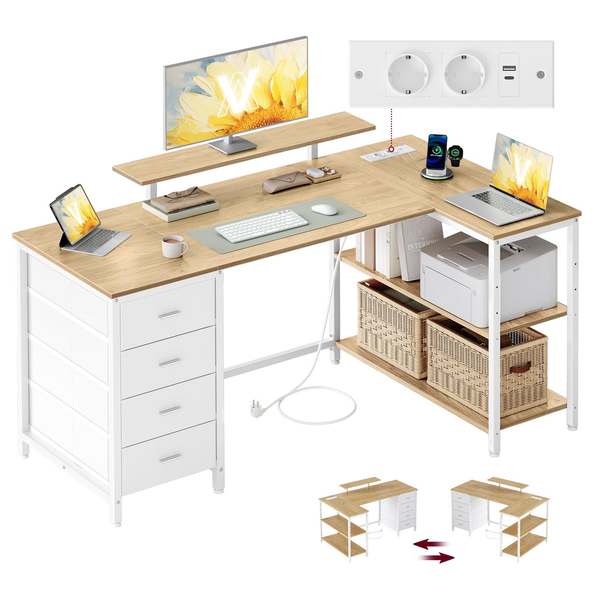 Kirjoituspöytä USB/AC L-Shape 4 Laatikolla