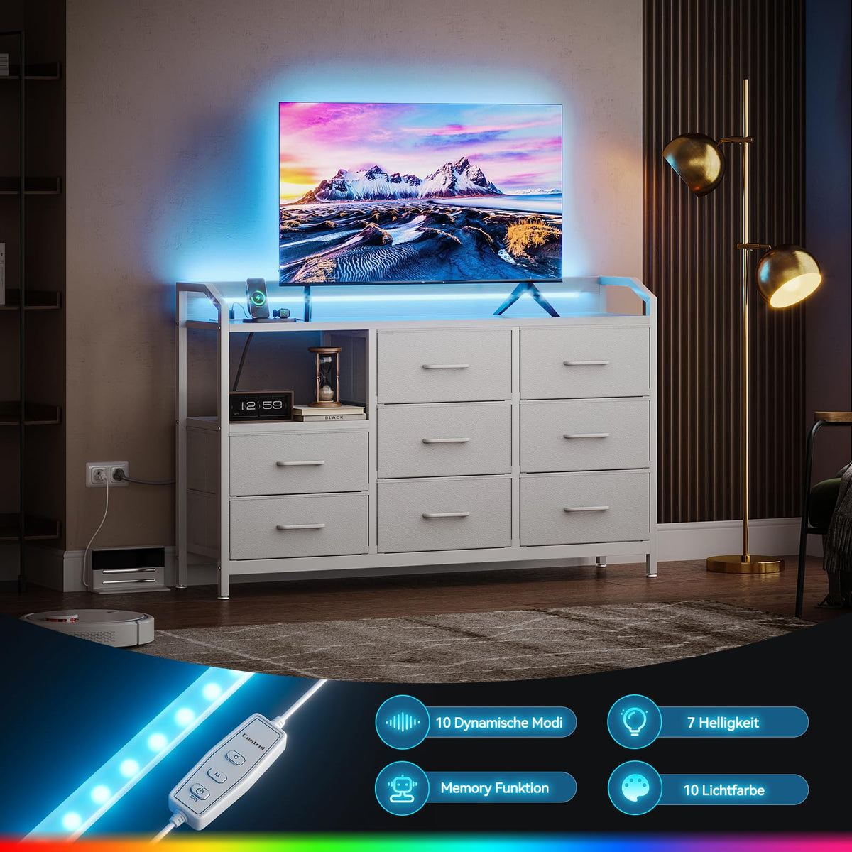Lipasto LED 2 AC/USB 8 Laatikkoa 110 cm