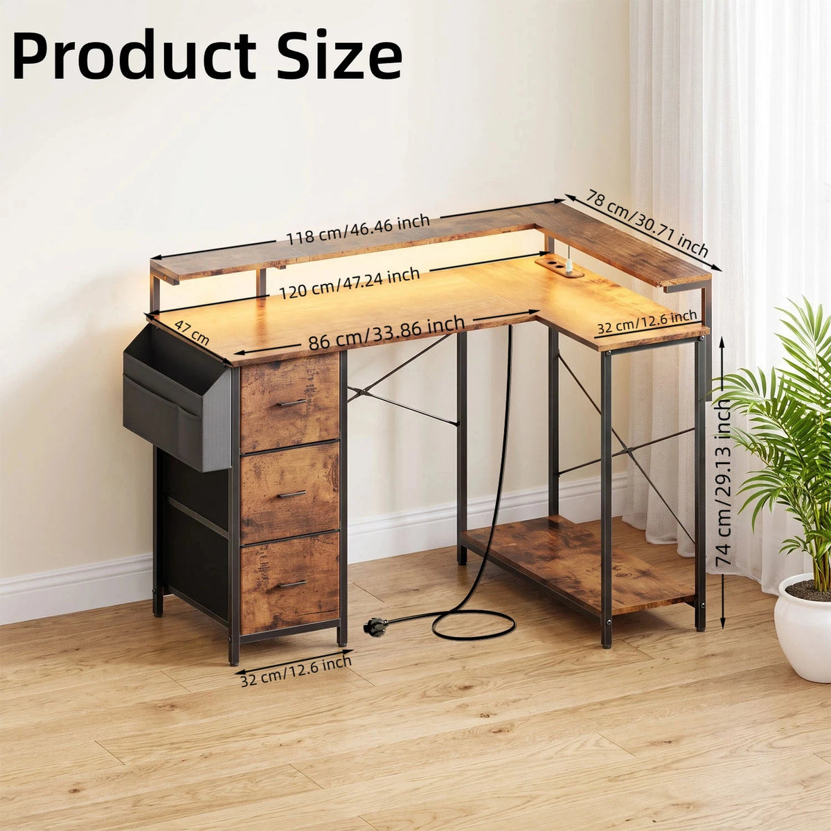 Toimistopöytä L-Shape AC/USB Led Laatikoilla 120/140cm