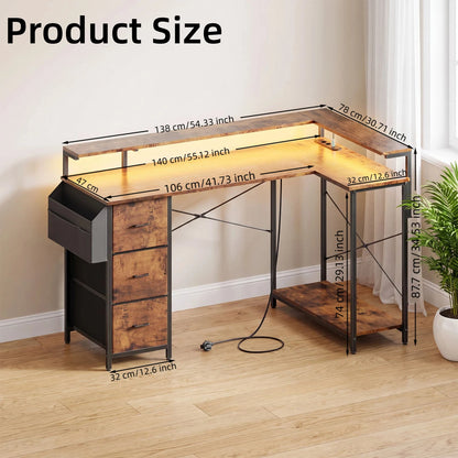 Toimistopöytä L-Shape AC/USB Led Laatikoilla 120/140cm