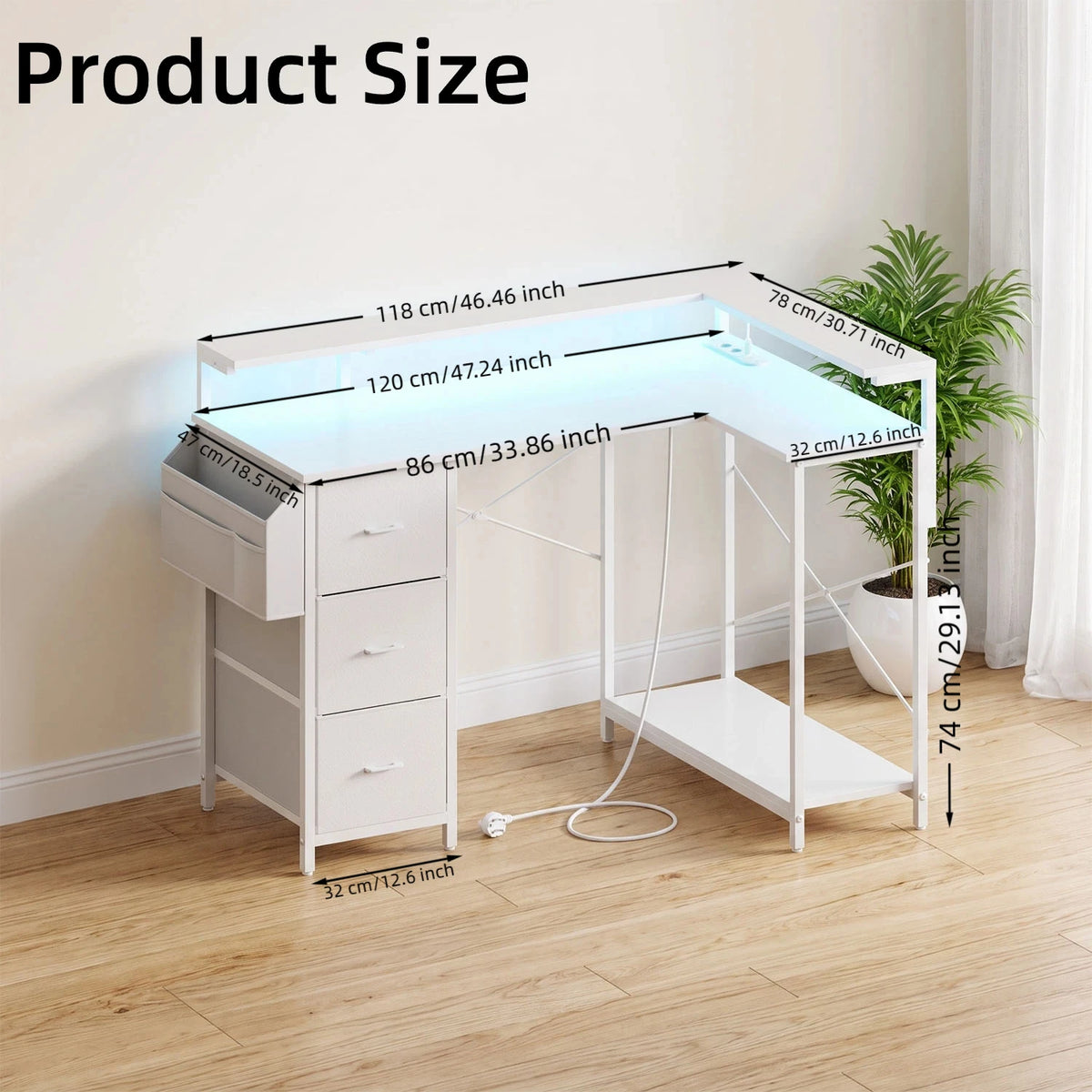 Toimistopöytä L-Shape AC/USB Led Laatikoilla 120/140cm