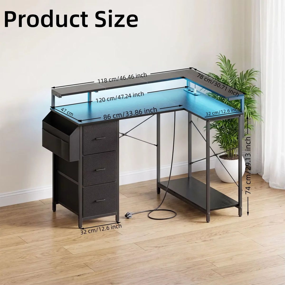 Toimistopöytä L-Shape AC/USB Led Laatikoilla 120/140cm