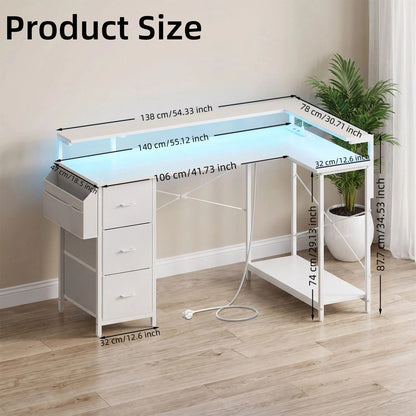 Toimistopöytä L-Shape AC/USB Led Laatikoilla 120/140cm