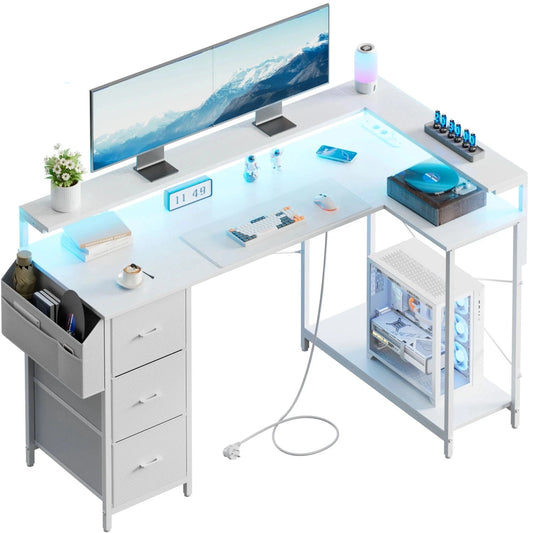 Toimistopöytä L-Shape AC/USB Led Laatikoilla 120/140cm