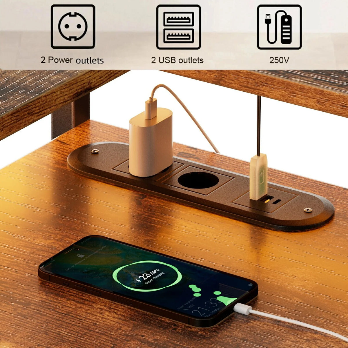 Toimistopöytä L-Shape AC/USB Led Laatikoilla 120/140cm