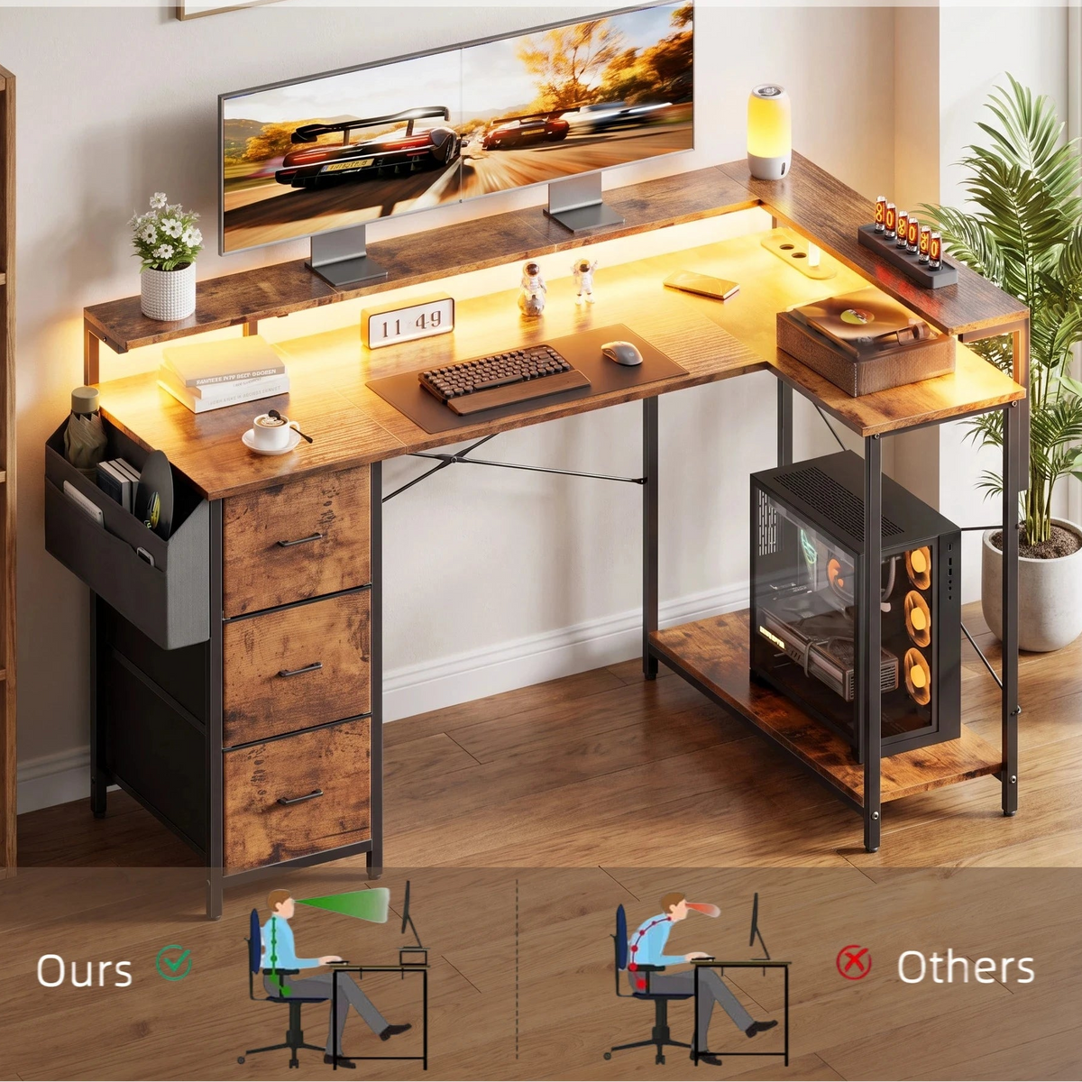 Toimistopöytä L-Shape AC/USB Led Laatikoilla 120/140cm