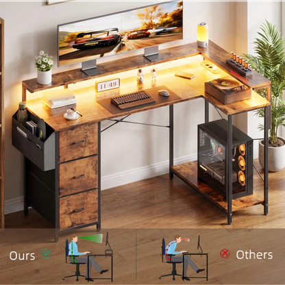 Toimistopöytä L-Shape AC/USB Led Laatikoilla 120/140cm
