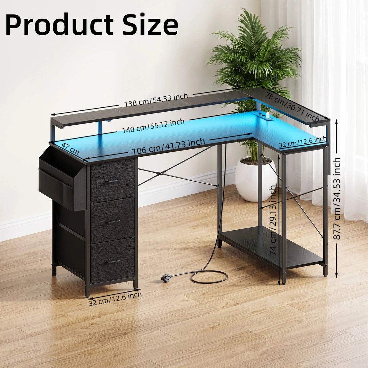 Toimistopöytä L-Shape AC/USB Led Laatikoilla 120/140cm